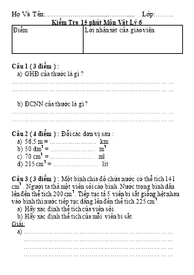 Đề kiêm tra 15 phut môn Vật lý 6